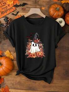 Camiseta Casual de Mujer con Estampado de Fantasmas de Halloween, 100% Tejido de Poliéster, Cuello Redondo, Manga Corta, Corte Regular, Top de Verano con Ligera Elasticidad - Negro - Ver 1