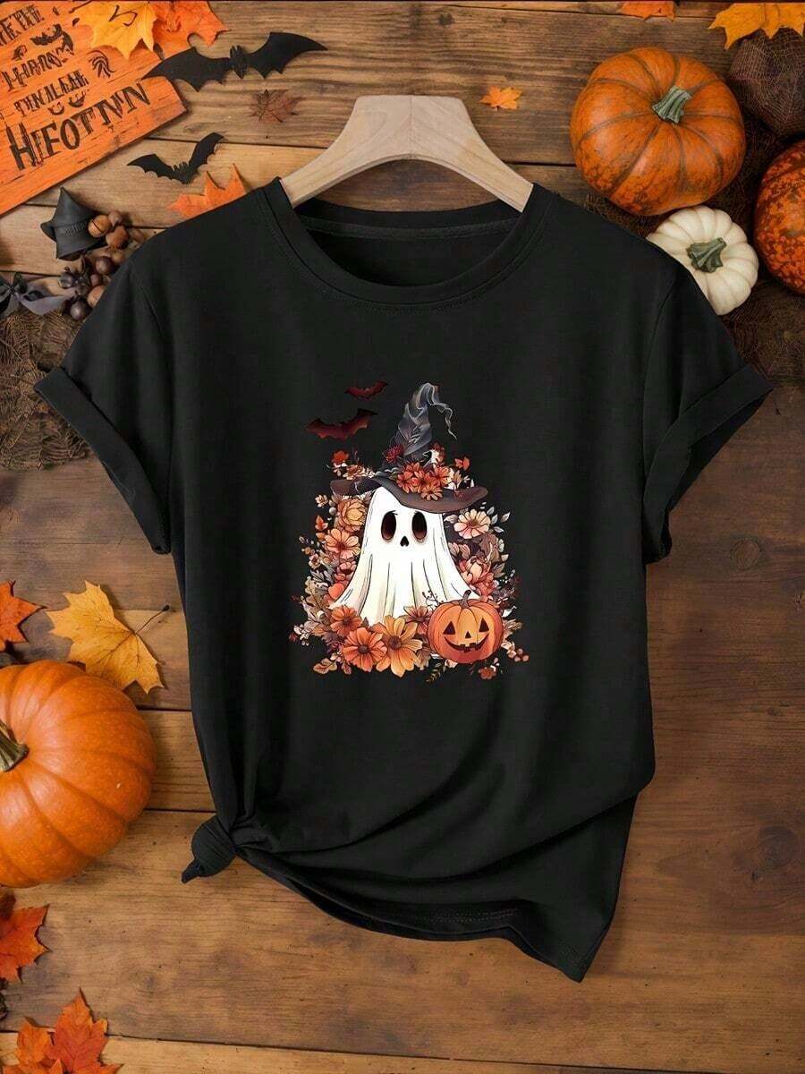 Camiseta Casual de Mujer con Estampado de Fantasmas de Halloween, 100% Tejido de Poliéster, Cuello Redondo, Manga Corta, Corte Regular, Top de Verano con Ligera Elasticidad - Negro - Ver 1