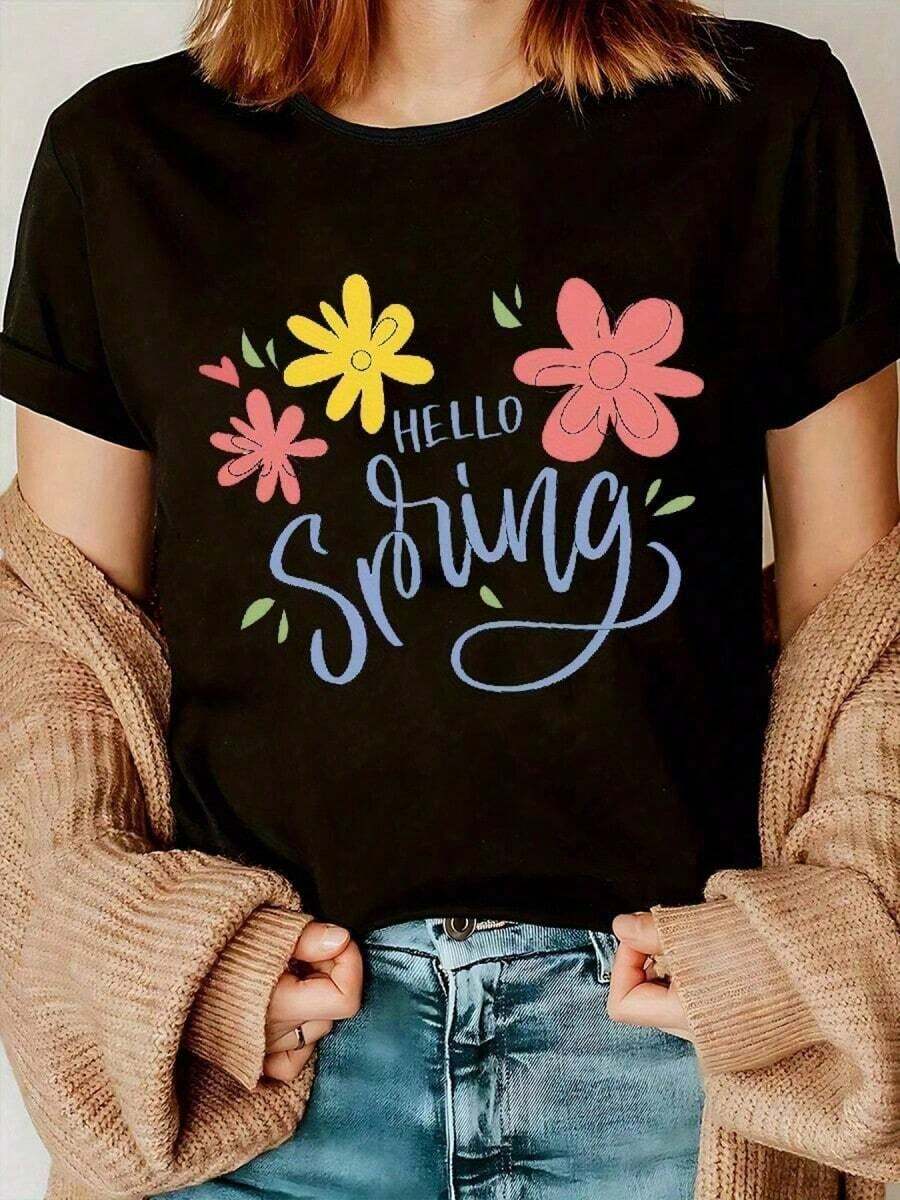 1 Piece Of Women's Short-Sleeved T-Shirt With Round Neck And Floral Print, "Hello Spring" Design, Vibrant Flowers In Yellow, Pink And Red On A Light Background, Comfortable And Casual Fit, Machine Washable. - 黑色 - 查看 1