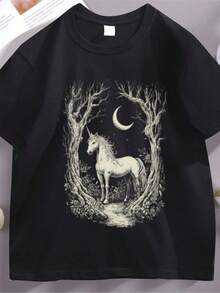 Women's T-ShirtsMagical Unicorn T-Shirt Whimsical Moonlight Tee Cute Unicorn Lovers T Shirt Casual Breathable Looseround Neck Tshirts - 黑色 - 查看 1