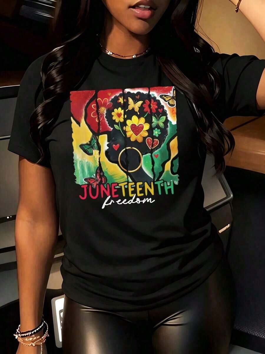 Camiseta de Estilo Casual para Mujer con Diseño Floral y de Mariposas de Juneteenth Freedom, Regalo de Celebración de Verano para Ella - Negro - Ver 1
