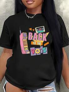 Women's Short-Sleeved Polyester T-Shirt With A Retro 90s Design Featuring Vintage Phone And TV Prints. Lightweight And Durable, It's Suitable For Casual Wear At Home, Restaurants, Or Parties. - 黑色 - 查看 1