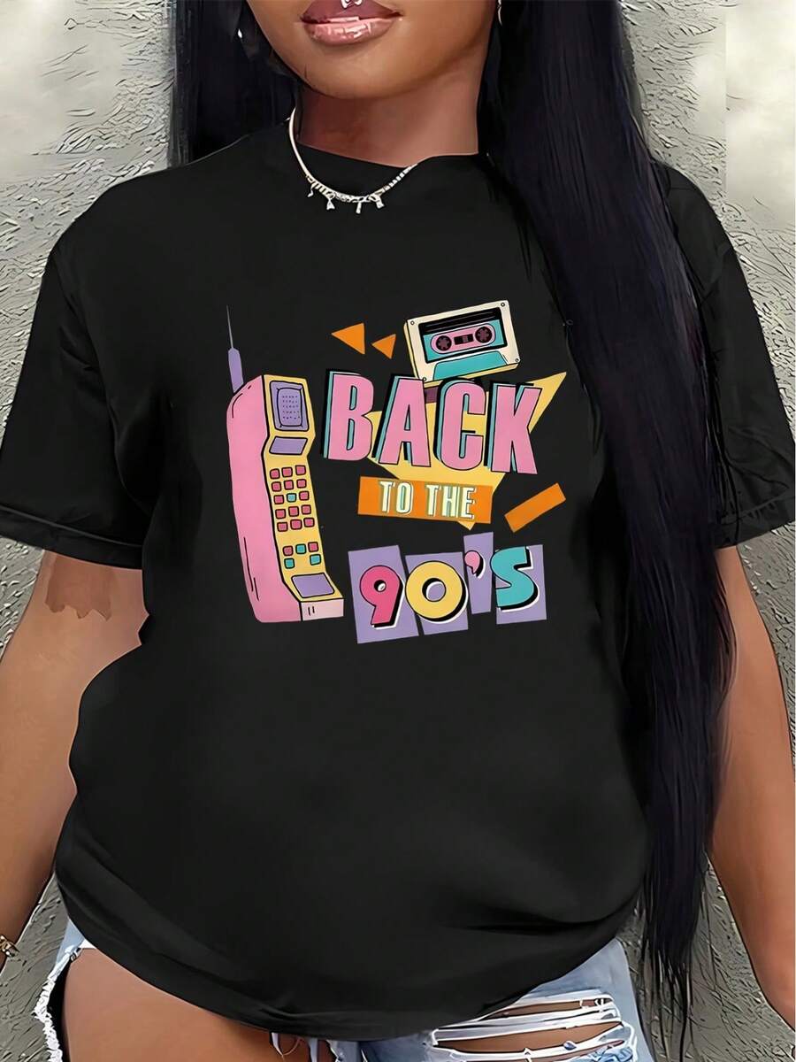 Women's Short-Sleeved Polyester T-Shirt With A Retro 90s Design Featuring Vintage Phone And TV Prints. Lightweight And Durable, It's Suitable For Casual Wear At Home, Restaurants, Or Parties. - 黑色 - 查看 1