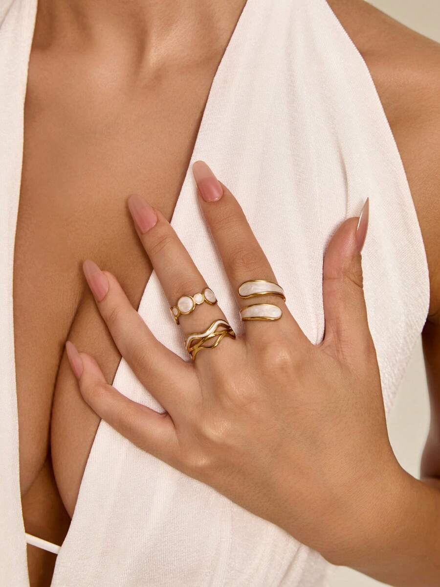 Altistry 3pcs/Set Fashionable Asymmetrical Stainless Steel Artistic Paint Ring Set, Stylish Design For Women Daily Wear - Yellow Gold - View 1