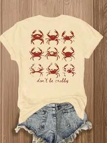 Women's "Don't Be Crabby" Short-Sleeved Crew Neck T-Shirt, Featuring A "I Might Be Laid Back But I Can Lean Forward" Print Design. Comfortable And Breathable, Stylish And Elegant, Machine Washable, Suitable For Everyday Casual Wear. - 杏色 - 查看 3