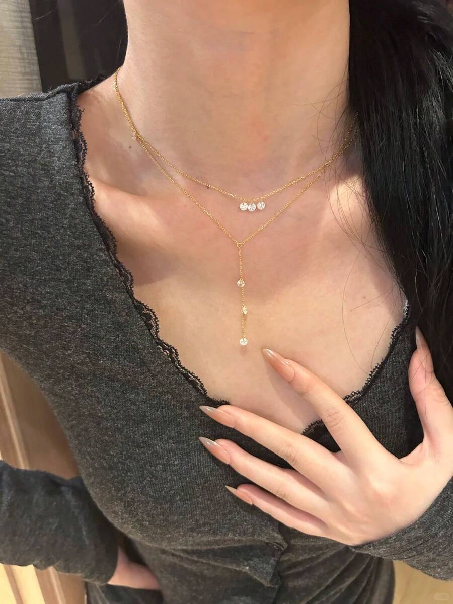 1pc Minimalist Elegant Water Drop Faux Crystal Pendant Multilayer Y-Necklace, Delicate Clavicle Chain, Versatile For Commuting, Great Gift - Gold - Multi-layered Y-shaped - View 1