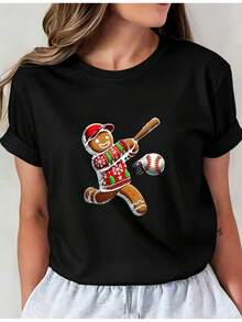 Men's Soft T-Shirt With Christmas Print Of Baseball Player And Gingerbread Man, Casual Crew Neck, Slightly Stretchy, Loose-Fitting Fabric, Suitable For Holiday Wear. 01 Casual Crew Neck T-Shirt, Comfortable Clothing For Women. New Summer T-Shirt For Women, Casual And Comfortable Crew Neck Top. - 黑色 - 查看 12