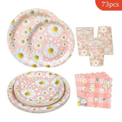 Daisy Floral Pattern Disposable Plates, Napkins, Cups - One-Time Party Supplies Set, Fits 16 Guests, Suitable For Birthday, Wedding, Theme Party, Family Picnic