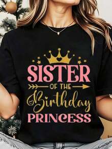 Soft, Breathable, And Lightweight For All-Day Comfort. Women's Crew Neck T-Shirt With A Princess Crown And Star Print, Perfect For Birthday Celebrations. 220g. Classic Neckline With A Relaxed Fit That Flatters All Body Types And Is Easy To Pair With Jeans, Shorts, And Leggings. - 黑色 - 查看 12