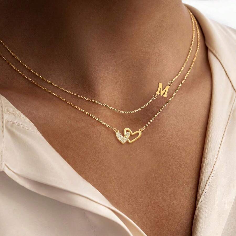 2pcs/Set Stainless Steel Hollow Double Heart Letter Pendant Layered Necklace For Women Classic Style - Yellow Gold - View 1