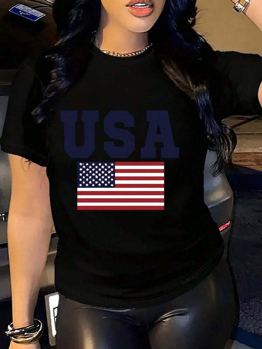 Women's Soft T-Shirt With Patriotic US Flag Print - Red With Lettering, Short Sleeve, Crew Neck, Casual Style, Breathable, Casual Spring And Summer Wear, Outfit For 4th Of July And Themed Events - 黑色 - 查看 1