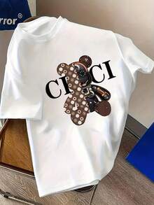 Camiseta casual de manga corta para mujer con cuello redondo - Estampado de oso de dibujos animados con diseño mecánico, tejido ligero y transpirable, moda de verano, lavable en máquina. - Blanco - Ver 1