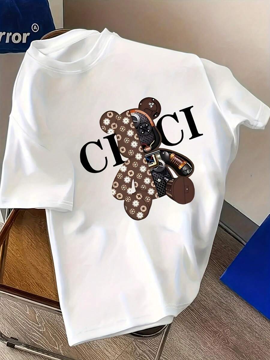 Camiseta casual de manga corta para mujer con cuello redondo - Estampado de oso de dibujos animados con diseño mecánico, tejido ligero y transpirable, moda de verano, lavable en máquina. - Blanco - Ver 1