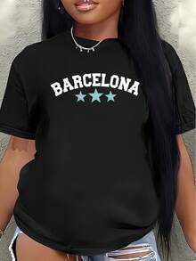 This Lightweight And Durable Short-Sleeved T-Shirt, Featuring A Barcelona Print And Design, Is Perfect For Wearing At Home, In A Restaurant, Or Outdoors, Offering A Comfortable Everyday Wear Experience. Casual Blouse For Women - 黑色 - 查看 1