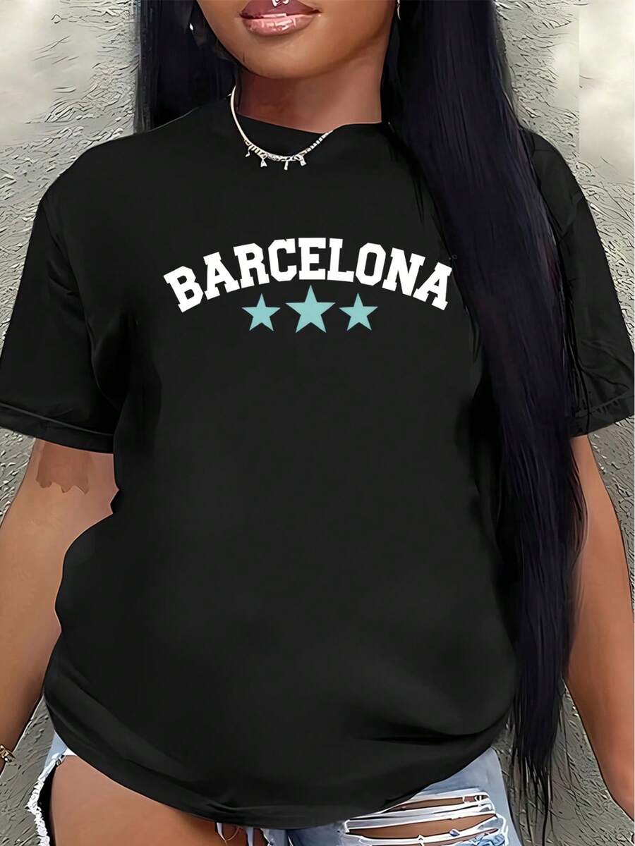 This Lightweight And Durable Short-Sleeved T-Shirt, Featuring A Barcelona Print And Design, Is Perfect For Wearing At Home, In A Restaurant, Or Outdoors, Offering A Comfortable Everyday Wear Experience. Casual Blouse For Women - 黑色 - 查看 1