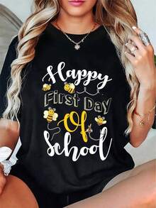 Camiseta Estampada para Mujer Feliz Primer Día de Escuela con Ilustraciones de Abejas - Camiseta Casual de Manga Corta y Cuello Redondo, Corte Relajado para Todas las Estaciones, Perfecta para Uso Diario y Atuendos de Vacaciones, Lavable aáquina. - Negro - Ver 6