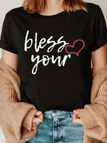 Camiseta Deportiva Casual para Mujer con Texto Cursivo - Camiseta Negra Elástica de Cuello Redondo, Lavable aáquina, Ajuste Cómodo para Todas las Estaciones, para Mujeres de Piel Clara, Estilo Versátil y Chic. - Negro - Ver 6