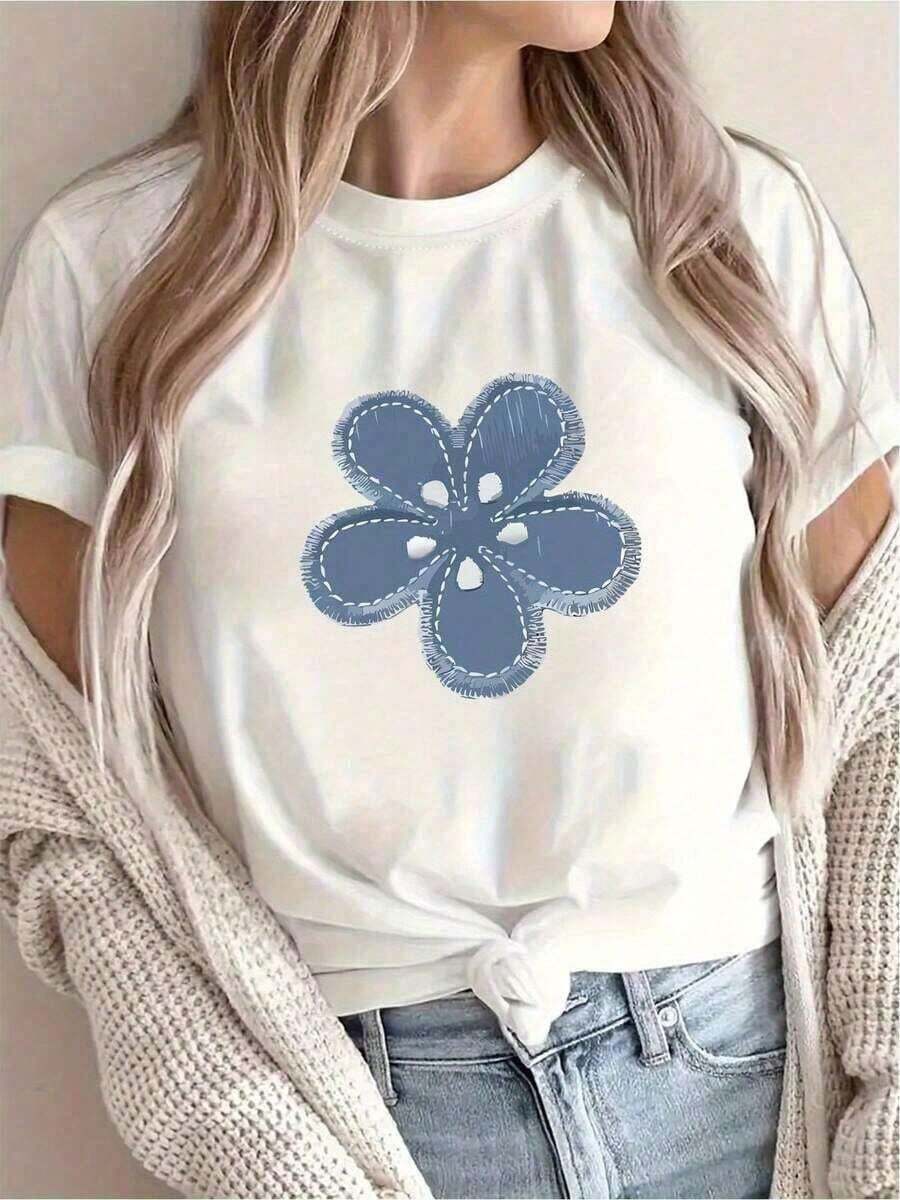 Camiseta de manga corta para mujer [Recomendación de nueva llegada] Camiseta con estampado floral, informal para mujer, para vacaciones, cuello redondo, primavera-verano, lavable aáquina, ropa nueva para mujer, versátil, estilo suave y agradable para la piel. - Blanco - Ver 1