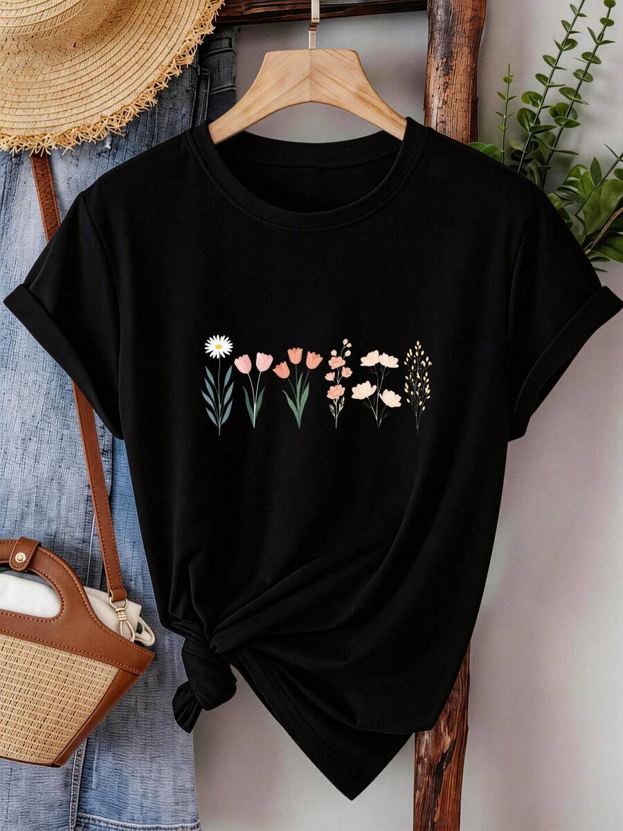Women's Summer T-Shirt, Casual Short Sleeve Floral Print, Suitable For Casual Daily Wear And Outdoor Activities, Comfortable And Skin-Friendly | Casual Blouses For Women | Basic Short Sleeve Top For Women B8V8 - 黑色 - 查看 1
