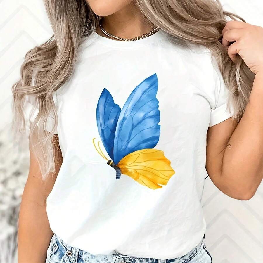 Ukraine Shir For Wo Ukraine Shirt Ukraine Butterfly Graphic T Shirt Uni Short Sves Tops Gif For Ukrainian220G heavyweight 100% cotton T-shirt. with butterfly print pattern, suitable for girls and wo's short sved round neck inspirational shirt, cute aesthetic Y2K style summer top, suitable for outdoor, family, work or street wear casual loose daily T-shirt - Blanco - Ver 1