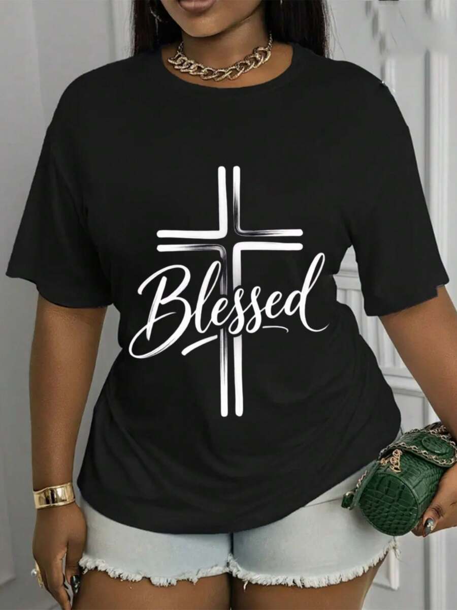 Camiseta Estampada para Mujer - Camiseta Casual Negra de Manga Corta y Cuello Redondo con Cruz Blanca y Texto Bendecido. Con un Corte Relajado para Todas las Estaciones, la Elección Perfecta Tanto para el Uso Diario como para tus Atuendos de Vacaciones (Lavable aáquina). - Negro - Ver 1
