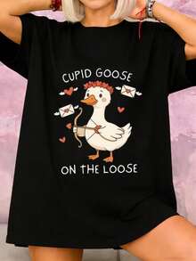 Women's T-Shirt, New Funny Goose Print T-Shirt For Valentine's Day, Unisex Cupid And Goose Design T-Shirt | Casual Style, Geometric Pattern, Suitable For All Seasons. Blouses For Women. - 黑色 - 查看 1
