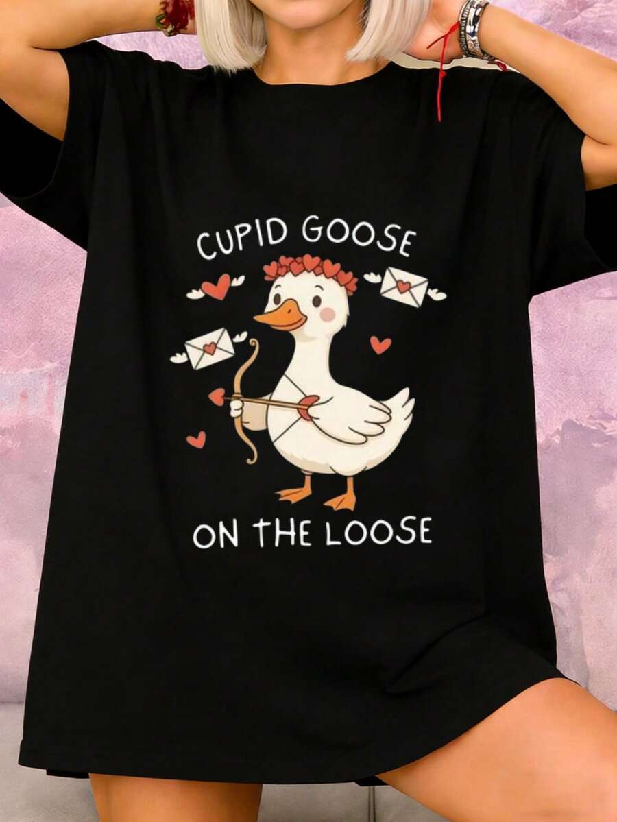Women's T-Shirt, New Funny Goose Print T-Shirt For Valentine's Day, Unisex Cupid And Goose Design T-Shirt | Casual Style, Geometric Pattern, Suitable For All Seasons. Blouses For Women. - 黑色 - 查看 1