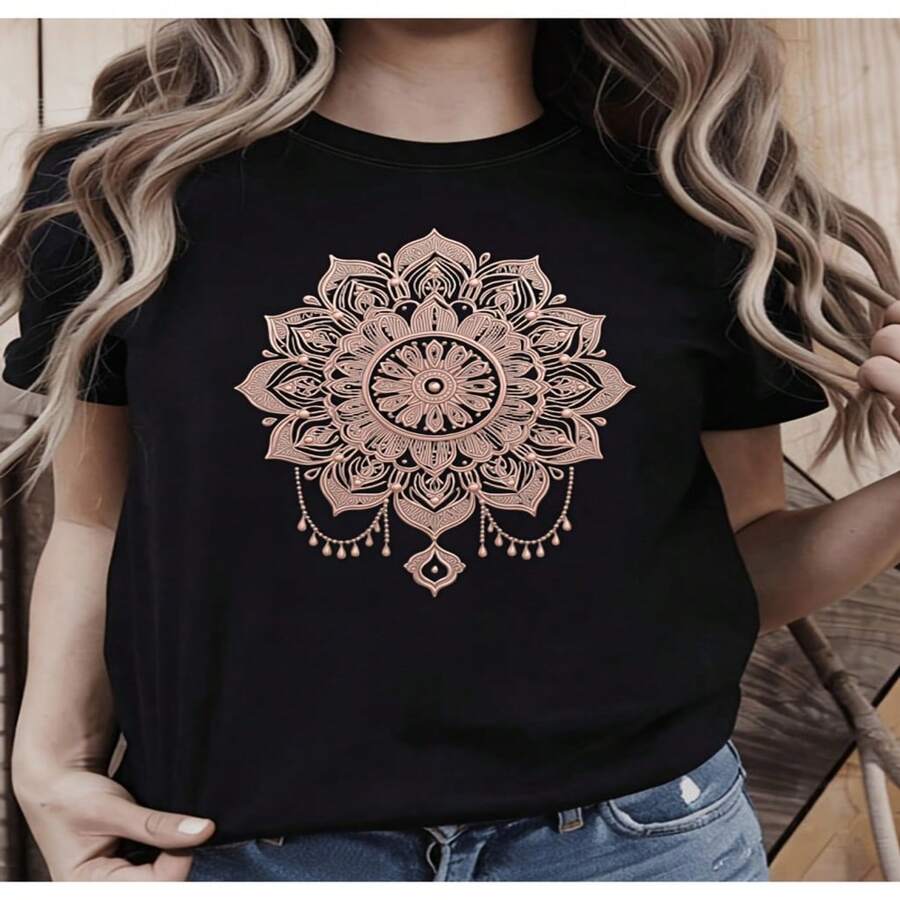 Gran oferta: Camiseta de talla grande para mujer con elegante estampado de mandala, mezcla suave y transpirable para uso casual, perfecta para salidas diarias S-XXXL - Negro - Ver 1