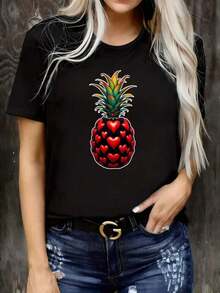 Camiseta Casual Nueva y Popular para Mujer 2026, Estampado de Piña y Corazón, Camiseta Casual para Mujer, Top Negro de Manga Corta, Camiseta Gráfica de Moda, Atuendo de Verano, Divertida Camiseta Estampada de Cuello Redondo y Manga Corta para Mujer, Adecuada para Eventos Deportivos, Fiestas, Salidas, Deportes y Otros Regalos Festivos. - Blanco - Ver 5
