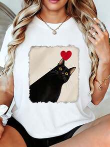 Women's T-Shirt With Black Cat And Red Heart Print - Casual Short Sleeve T-Shirt, Soft And Breathable For Summer, With Detachable Design, Perfect Gift For Cat Lovers And Animal Enthusiasts. - 黑色 - 查看 7