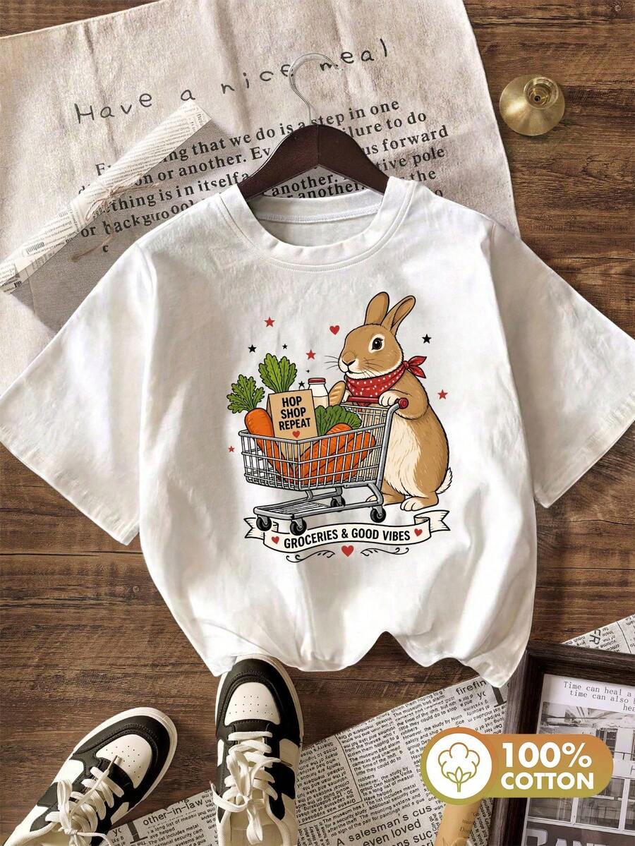 Women's Oversized Graphic Tee, Cute And Fun Print Of A Rabbit Shopping At The Supermarket, Breathable Summer Casual Wear For Everyday Use, Soft And Comfortable Streetwear Tee, S-XXL Black White - 白色的 - 查看 1