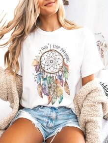 Camiseta con estampado gráfico, Top casual de manga corta con cuello redondo para verano y primavera, Ropa de mujer - Blanco - Ver 2