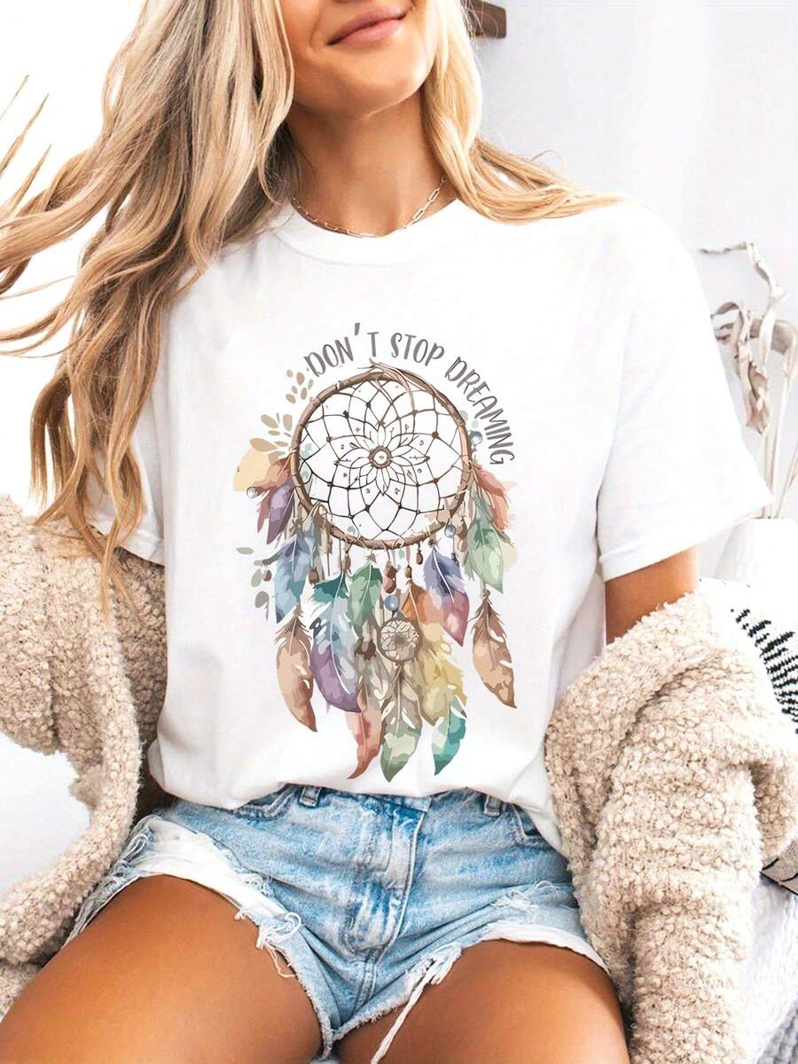 Camiseta con estampado gráfico, Top casual de manga corta con cuello redondo para verano y primavera, Ropa de mujer