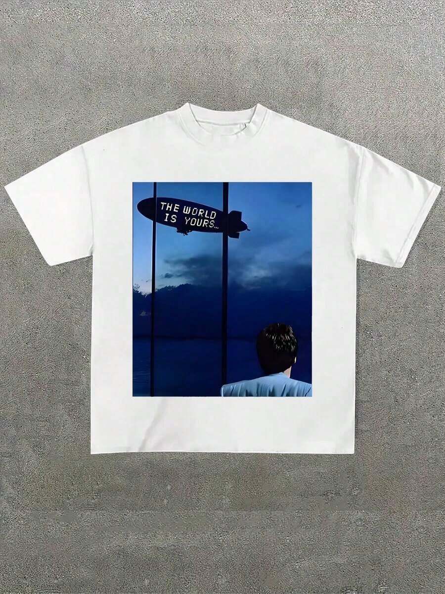 Camiseta de algodón 100% para hombre de talla grande, con estampado gráfico de la película Tony Montana The World Is Yours (1 pieza), cuello redondo, manga corta, 220g, para salir, regalo, verano, unisex. - Blanco - Ver 1