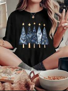 Women's Casual Blouse, Simple Style For Everyday Wear, 1 Piece. Wowo's Christmas T-Shirt With Festive Christmas Tree Print, 180g. Perfect For Family Gatherings, Christmas Gift. Adorable Star Design. Soft And Comfortable. Suitable For Everyday Wear. Women's Autumn Clothing. Cozy, Soft, Simple For Everyday Wear. Short-Sleeved Top. - 黑色 - 查看 1