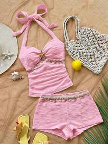 Conjunto de 2 piezas de top halter sin espalda y shorts, conjunto de ropa para vacaciones - Rosa - Ver 8