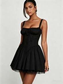 Women's Flower Embroidery Boho Mini Dress Backless Self-Tie Bowknot Square Neck Wide Straps Ruffle Mini Dresses Sleeveless Summer Vacation Short A-Line Dress - F1309-black - View 3