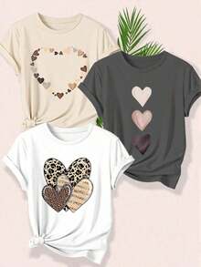 Camiseta de manga corta con cuello redondo con estampado de leopardo y corazón, adecuada para uso casual diario y al aire libre, para todas las temporadas - Multicolor - Ver 6