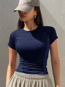 Camiseta de mujer de manga corta con gráfico de letra, estilo de moda deportiva de patchwork de bloques de color - Azul marino - Ver 1