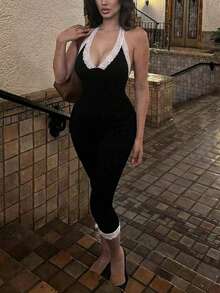 Jumpsuit Pas Badan Tanpa Lengan dengan Leher V dan Hiasan Renda, Model Baru Eropa dan Amerika Tahun 2026, Warna Solid, Model Musim Panas Hitam - Hitam - View 3