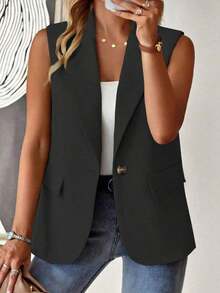 informal sin mangas con cuello francés y botones de unicolor para mujer de talla grande - Negro 2 - Ver 7