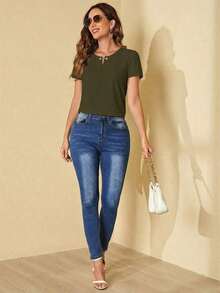 Camisa De Mujer Con Mangas Abullonadas Y Decoración De Perlas - Verde militar - Ver 4