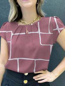Blusa de mujer de poliéster con cuello redondo fruncido, estampado geométrico y manga corta, corte regular apropiada para fines de semana, primavera/verano/otoño - Rosa vieja - Ver 5