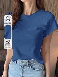 Camiseta de manga corta de mujer de cuello redondo de unicolor básica blanca, para primavera/verano, estilo casual empresarial - azul real - Ver 1