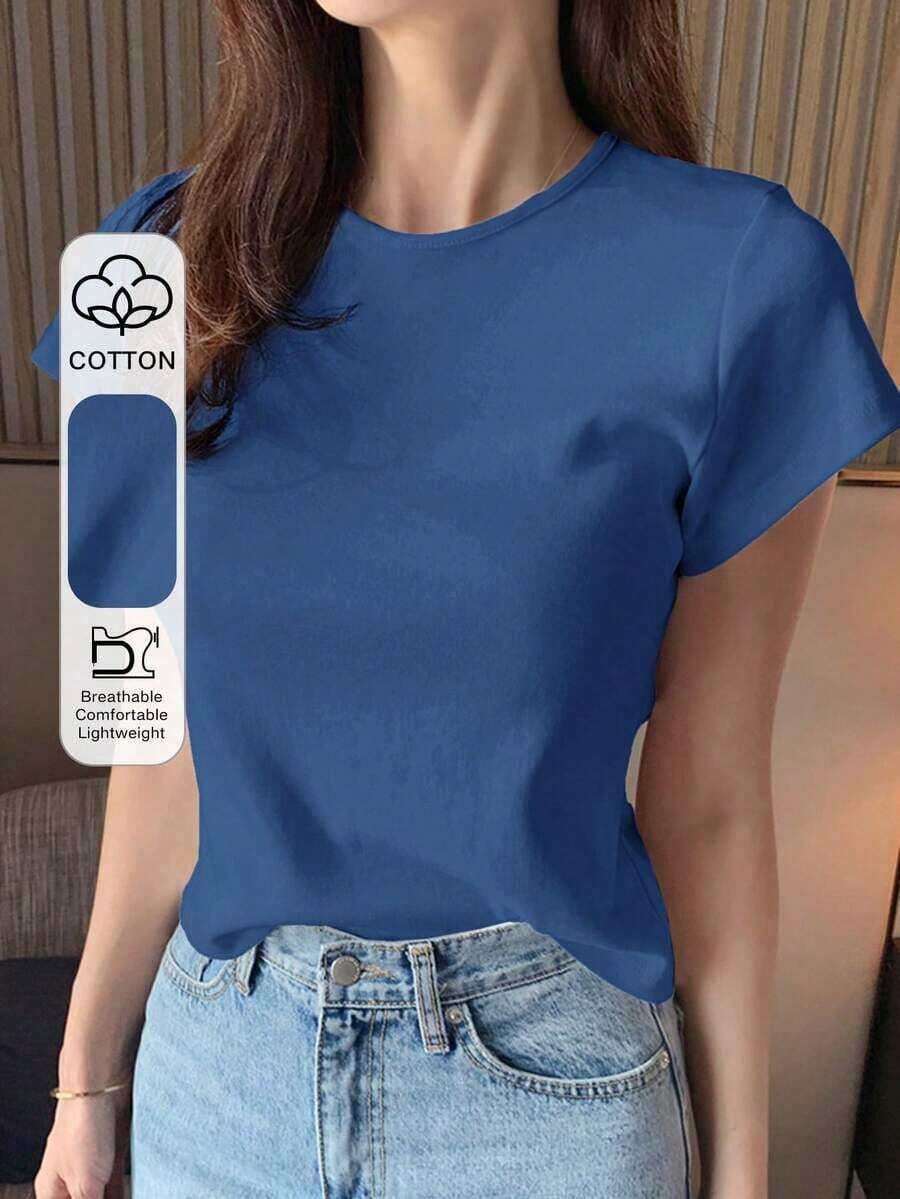 Camiseta de manga corta de mujer de cuello redondo de unicolor básica blanca, para primavera/verano, estilo casual empresarial - azul real - Ver 1