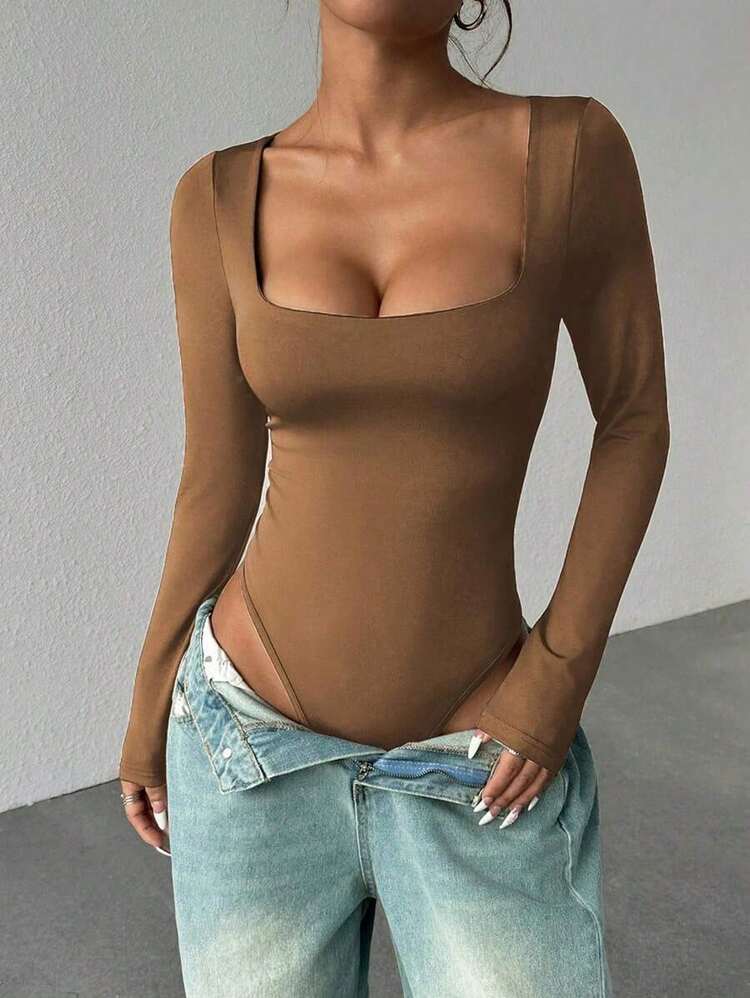 Unity Body de manga larga para mujer, color marrón, ajuste ceñido, minimalista, versátil para ir al trabajo - Marrón - Añade 1