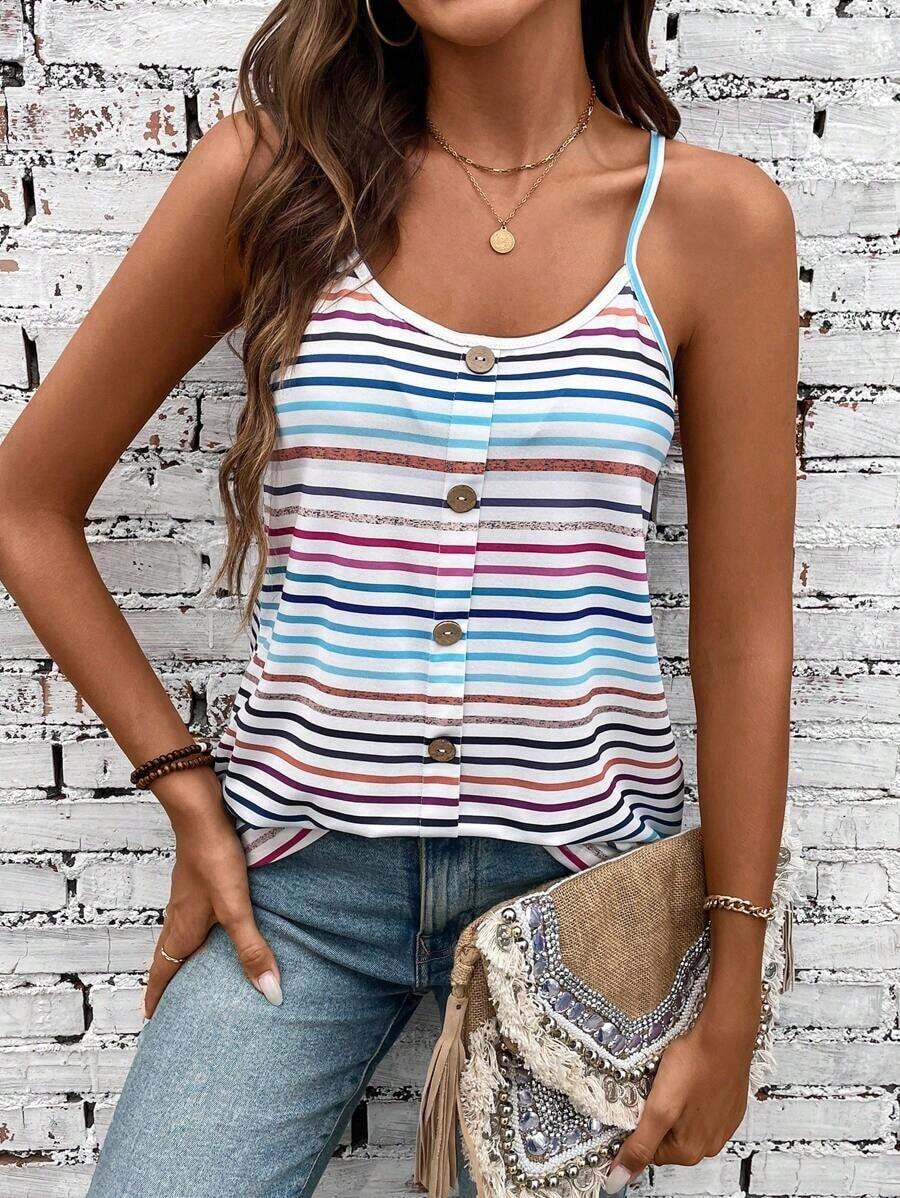 Top de tirantes de mujer a rayas multicolor con diseño de botones, camiseta gráfica para mujer - Multicolor - Ver 1