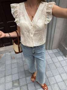 Clasi Blusa blanca elegante y casual con cuello en V, mangas con volantes, falso bordado y estampado floral, adecuada para primavera/verano - Albaricoque 2 - Ver 5
