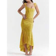 Solid Color Party Dress, Low Neck, Sleeveless, Elegant Fitted Cut, New Spring-Summer Collection For Women - Yellow - View 4