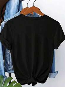 Camiseta de manga corta con cuello redondo y estampado para mujer. Perfecto para citas, desplazamientos diarios y salidas informales. Diseño clásico minimalista de cuello redondo, fácil de combinar y adecuado para todas las formas de cuerpo. - Negro - Ver 2